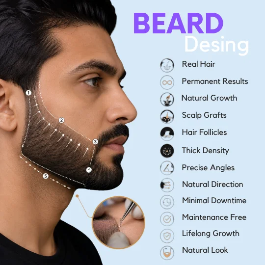 Beard transplant design showing natural hair direction, scalp grafts, and thick density results