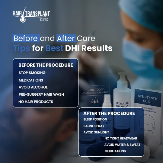 Before and after care tips for best DHI hair transplant results including medications and aftercare