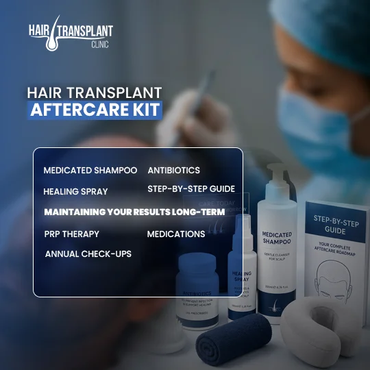FUE hair transplant aftercare kit with medicated shampoo, healing spray, antibiotics and PRP guide