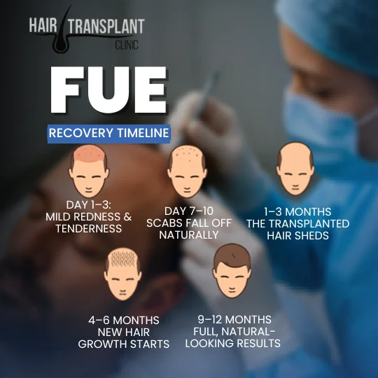 FUE hair transplant recovery timeline from day 1 to month 12 showing redness shedding and regrowth