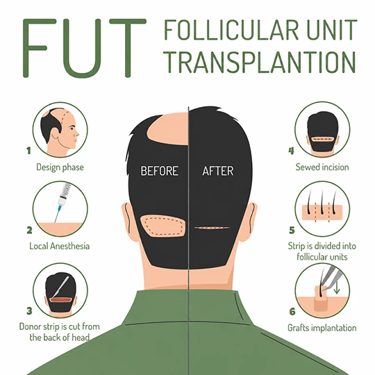 FUT follicular unit transplantation steps showing donor strip extraction and graft implantation
