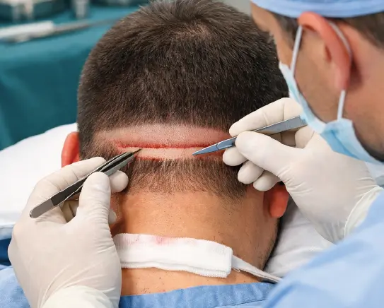 FUT hair transplant surgeon harvesting donor strip from back of patient scalp