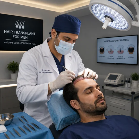 Hair transplant for men procedure by Dr. Hamza Ahmad expert surgeon showing natural look confident results