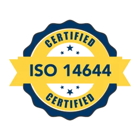 Gold and blue round badge for ISO 14644 cleanroom certification