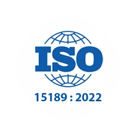Blue and white logo for ISO 15189:2022 medical laboratory quality standard