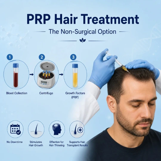 PRP hair treatment non-surgical option with blood collection centrifuge and growth factor injection
