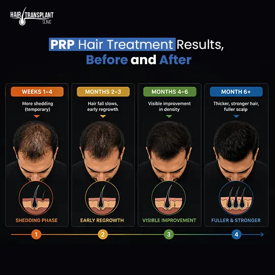 PRP hair treatment before and after results from week 1 to month 6 showing regrowth and density