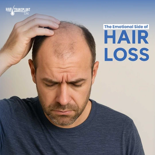 The emotional side of hair loss showing man experiencing stress and confidence loss due to baldness