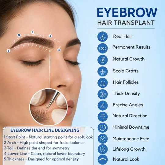 Eyebrow hair transplant design showing hairline points, natural direction, scalp grafts and density