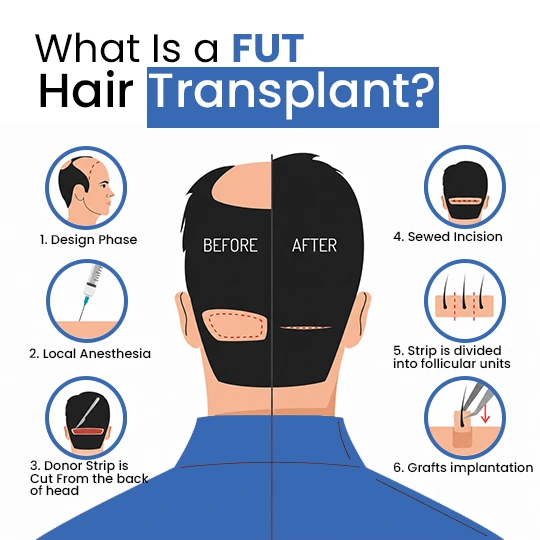 what is FUT hair transplant showing design phase, donor strip, follicular units and graft results