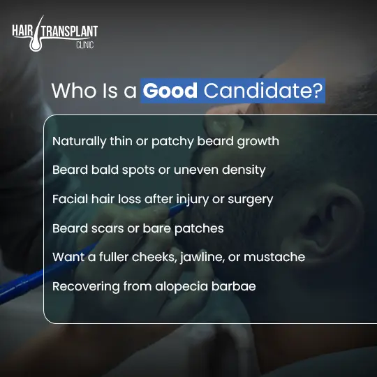 Good candidate for beard transplant with patchy growth, bald spots, scars, or alopecia barbae
