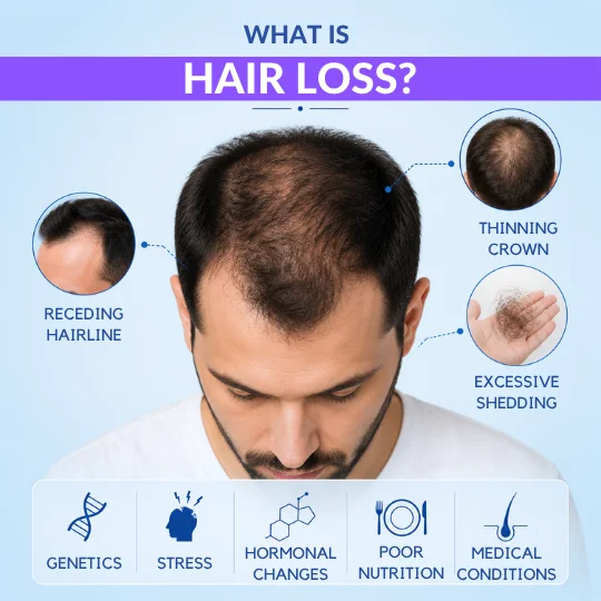 What is hair loss showing receding hairline, thinning crown, shedding causes like genetics and stress