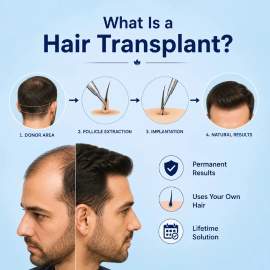 What is a hair transplant showing donor area follicle extraction implantation and natural results