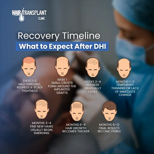 DHI hair transplant recovery timeline from day 1 to month 12 showing hair growth stages and results