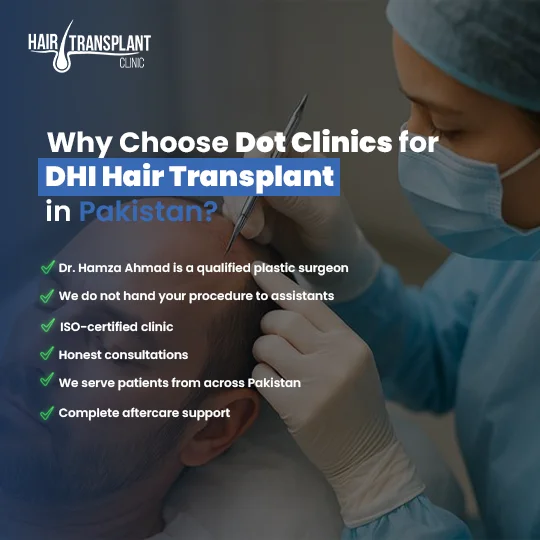 Why choose Dot Clinics for DHI hair transplant in Pakistan with ISO-certified facility and Dr. Hamza