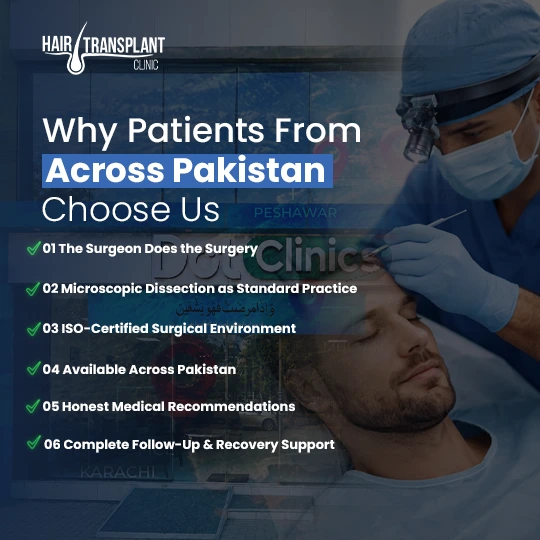 Why Pakistan patients choose Dot Clinics for FUT transplant with ISO-certified surgeons and support